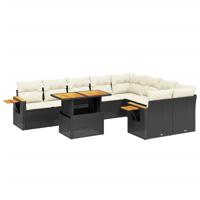 10-delige Loungeset met kussens poly rattan zwart - thumbnail
