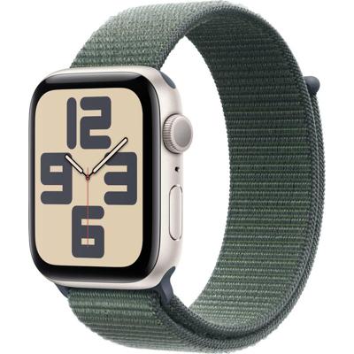 Apple Watch SE (2e gen.) GPS 44 mm Smartwatch - Kast van sterrenlicht aluminium - Blauwgroen geweven sportbandje. Conditie en slaap bijhouden, ongelukdetectie, hartritme monitoren, CO₂-neutraal