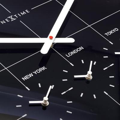 NeXtime NE-8197ZW Wereldtijden Klok - Stille Wandklok - 43cm - Zwart - Glazen Klok - - "Big City" NeXtime NE-8197ZW Wereldtijden Klok - Stille Wandklok - 43cm - Zwart - Glazen Klok - - "Big City"