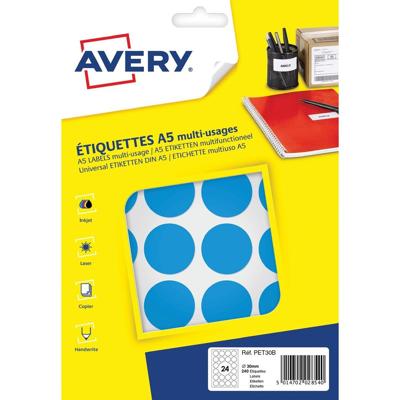 Avery PET30B ronde markeringsetiketten, diameter 30 mm, blister van 240 stuks, lichtblauw Avery PET30B ronde markeringsetiketten, diameter 30 mm, blister van 240 stuks, lichtblauw
