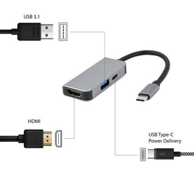 GEMBIRD USB-adapter, type C, 3-in-1 poort, USB, HDMI, PD, zilverkleurig