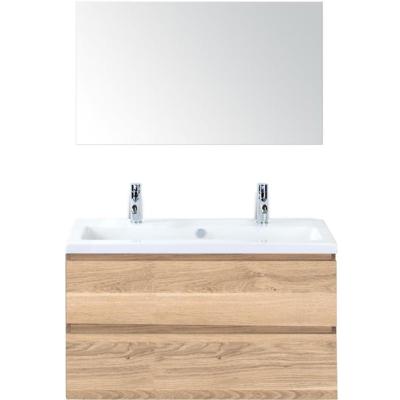 Vogue Badmeubelset 100 cm - Greeplijst in Kleur - Grey Oak - Keramische Wastafel Wit 2 Kraangaten met Spiegel