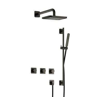 Hotbath Gal - Inbouw Regendoucheset - Geborsteld Gunmetal PVD - 2 Stopkranen - Thermostatisch - Wandarm 35 cm - Hoofddouche 220 mm - Staafhanddouche - Glijstang 900 mm - V02