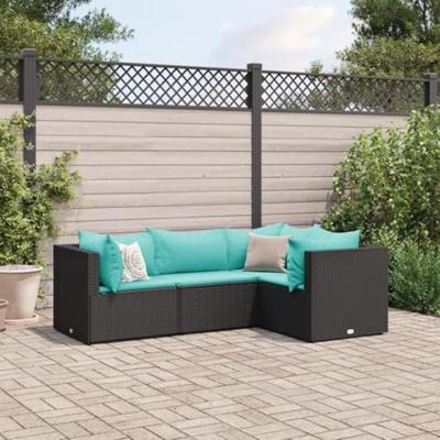 4-delige Loungeset met kussens poly rattan zwart