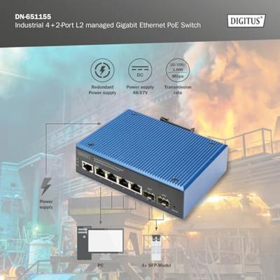 Digitus DN-651155 Industrial Ethernet Switch 4 x 2 poorten 1 GBit/s Digitus DN-651155 Industrial Ethernet Switch 4 x 2 poorten 1 GBit/s