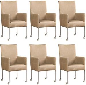 Set van 6 Grijze leren moderne eetkamerstoelen Spark - poot rond rvs met wiel - Rancho Leer Stone (grijs leer)