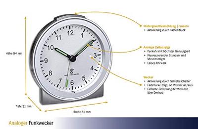 TFA Dostmann 60.1517.54 Wekker Zendergestuurd Zilver Alarmtijden 1 Fluorescerende Wijzers