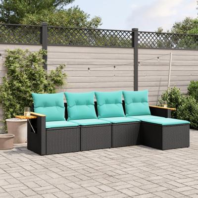 5-delige Loungeset met kussens poly rattan zwart