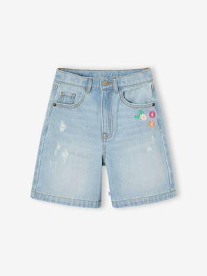Bermuda jeans met geborduurde bloemen lichtblauw