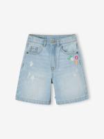 Bermuda jeans met geborduurde bloemen lichtblauw - thumbnail