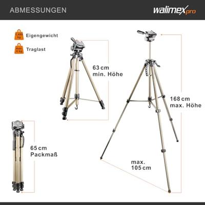 Walimex WT-3530 Basic-statief (146 cm, incl. 3D-sneiger, snelwisselplaat en praktische transporttas), WT-3570 Basic statief 165 cm, 168 cm