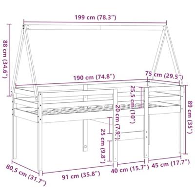 Hoogslaper met dak massief grenenhout wasbruin 75x190 cm - thumbnail