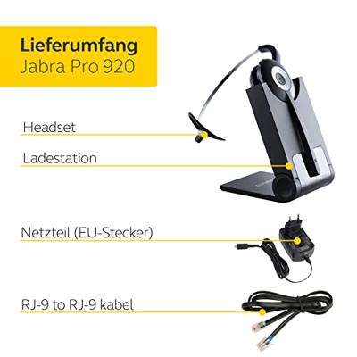 Jabra Pro 920 Mono gebruikersvriendelijke DECT-Office-headset voor vaste telefoons, hoog bereik, ruisonderdrukking, oplaadschaal inclusief, zwart