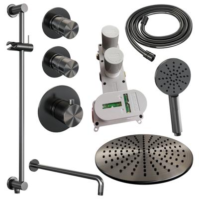 BRAUER Gunmetal Edition thermostatische inbouw regendouche SET 22 met 30 cm douchekop en gebogen muurarm en 3-standen handdouche en doucheslang en geïntegreerde glijstang gunmetal geborsteld PVD