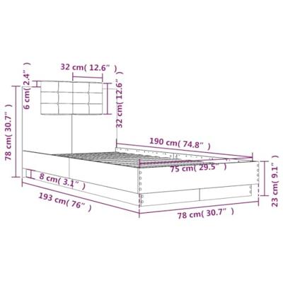 Bedframe met hoofdbord en LED-verlichting zwart 75x190 cm