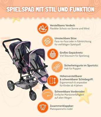 Tweeling Poppenwagen Linus Duo - Vlinders Koraal