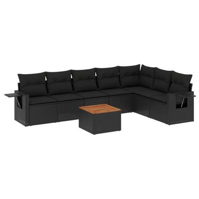 8-delige Loungeset met kussens poly rattan zwart