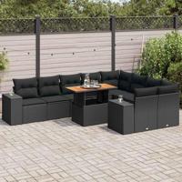 10-delige Loungeset met kussens poly rattan acacia zwart - thumbnail