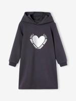 Meisjesjurk van sweatstof met capuchon en mooie details antraciet - thumbnail