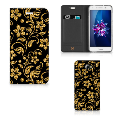 Huawei Y5 2 | Y6 Compact Smart Cover Gouden Bloemen Huawei Y5 2 | Y6 Compact Smart Cover Gouden Bloemen