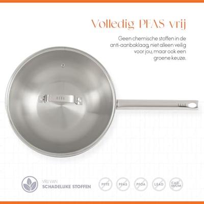 ELLE Gourmet Moderne Wokpan met Deksel - Ø 28 cm - Zonder anti-aanbaklaag - RVS