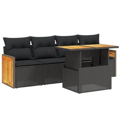 5-delige Loungeset met kussens poly rattan zwart