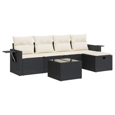 6-delige Loungeset met kussens poly rattan zwart
