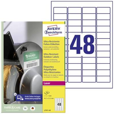 Avery-Zweckform L7911-40 Folie-etiketten 45.7 x 21.1 mm Polyethyleen folie Wit 1920 stuk(s) Permanent hechtend Laser (kleur), Laser (zwart/wit), Kopiëren Avery-Zweckform L7911-40 Folie-etiketten 45.7 x 21.1 mm Polyethyleen folie Wit 1920 stuk(s) Permanent hechtend Laser (kleur), Laser (zwart/wit), Kopiëren