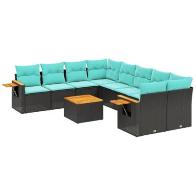 9-delige Loungeset met kussens poly rattan zwart