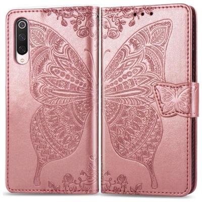 Voor Xiaomi 9 Pro Butterfly Love Flower reliëf horizontale Flip lederen draagtas met beugel Lanyard Card slot portemonnee (Rose goud)