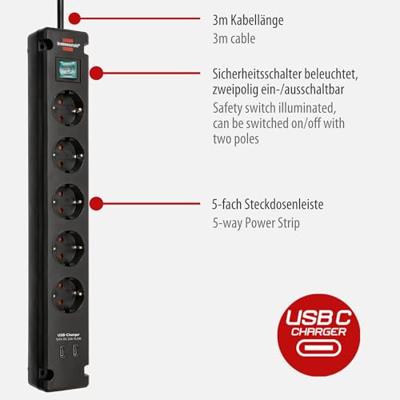 Bremounta stekkerdoos met 2 USB C laadaansluitingen 5x zwart 3m H05VVF3G1.5 - thumbnail