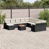12-delige Loungeset met kussens poly rattan zwart - thumbnail