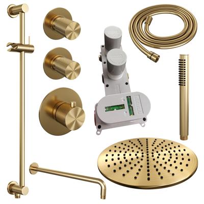 Gold Carving thermostatische inbouw regendouche SET 16 - 30 cm douchekop, gebogen muurarm en geïntegreerde glijstang goud geborsteld PVD