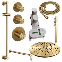 Gold Carving thermostatische inbouw regendouche SET 16 - 30 cm douchekop, gebogen muurarm en geïntegreerde glijstang goud geborsteld PVD - thumbnail