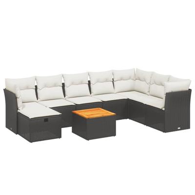 9-delige Loungeset met kussens poly rattan zwart