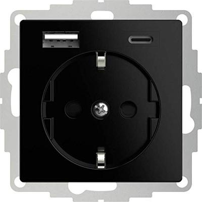 USB en USBC lader 15W 3A glanzend zwart RAL9005 voor een 40mm diepe doos met stopcontact