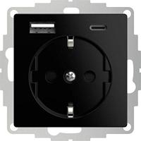 USB en USBC lader 15W 3A glanzend zwart RAL9005 voor een 40mm diepe doos met stopcontact - thumbnail