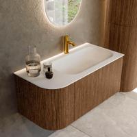 Mondiaz KURVE 95 cm Onderkast Greeploos 1 Lade Met Deuren Walnut, Wastafel Solid Surface Rechts Talc 1 Kraangat Zonder Spiegel (KRVBGS95L1L1D1KR-Wal/Tal) - thumbnail