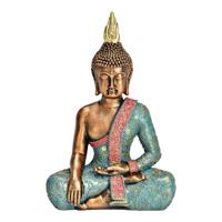 Buddha van poly in turkoois, goud (B/H/D) 17x26x10cm - thumbnail