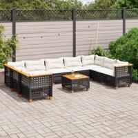 10-delige Loungeset met kussens poly rattan zwart - thumbnail
