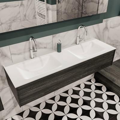 Mondiaz Lush Cloud badmeubel eiken Dark brown 150 cm 1 lade solid surface dubbele spoelbak 2 kraangaten