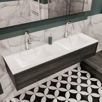 Mondiaz Lush Cloud badmeubel eiken Dark brown 150 cm 1 lade solid surface dubbele spoelbak 2 kraangaten - thumbnail