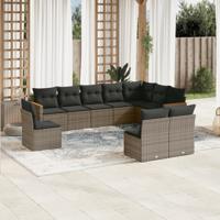 10-delige Loungeset met kussens poly rattan grijs - thumbnail