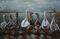 Schilderij - Metaalschilderij - 8 Gansen op een rij langs het water - thumbnail