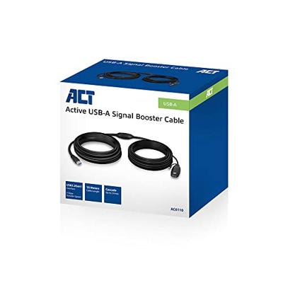 ACT AC6110 Actieve USB verlengkabel USB 2.0, kabel 10m, versterkt tot 2x USB signaal, incl. voedingsingang 5V, voor printer, camera, muis etc.