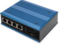 DIGITUS PoE netwerkswitch - 5-poorts Fast Ethernet - 4x RJ45 + 1x SFP-poort - Unmanaged - 10/100 Mbps - DIN Rail & wandmontage - IP40 - Industriële serie - Blauw - thumbnail