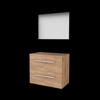 Basic-Line Framed 46 Badkamermeubelset - 80 x 46 cm - Met Grepen - 2 Lades - Wastafelblad - Spiegel met Zwart Aluminium Frame - Whisky Oak