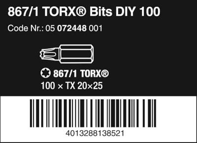 Wera 867/1 Z TORX® DIY 100 SiS 05072448001 Torx-bit T 20 Gereedschapsstaal Gelegeerd, Taai D 6.3 100 stuk(s)