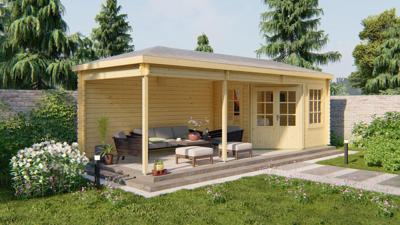 Tuindeco Bertil blokhut 300x300 cm + overkapping 500 cm 44 mm vuren honing geïmpregneerd Tuindeco Bertil blokhut 300x300 cm + overkapping 500 cm 44 mm vuren honing geïmpregneerd