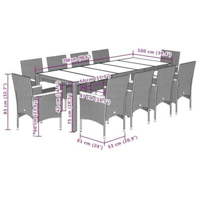 11-delige Tuinset met kussens poly rattan en glas grijs